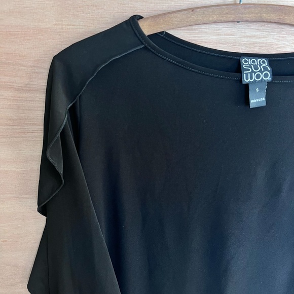 Clara Sun Woo 2 top bundle sz S small black stretch cold shoulder ruffles USA - Picture 3 of 7